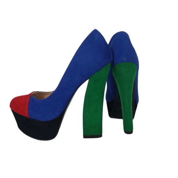 Faux Suede Colorblock Platform Heels Size 8.5 Round Toe Chunky Cosplay Costume - Picture 6 of 9